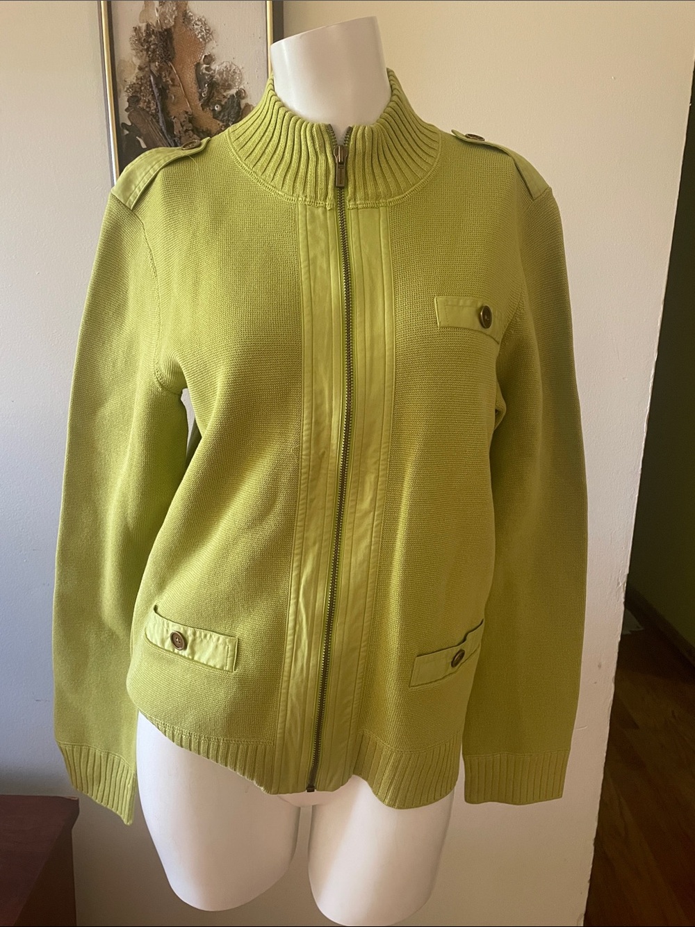 Jones New York Women's Bright Green Zip-Front Cotton Knit Jacket